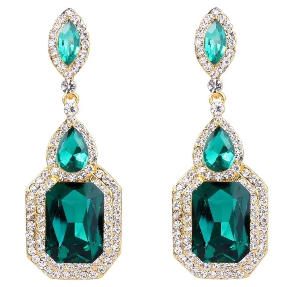 Yellow Gold and Emerald Green Austrian Crystal Infinity Chandelier Post Earrings
